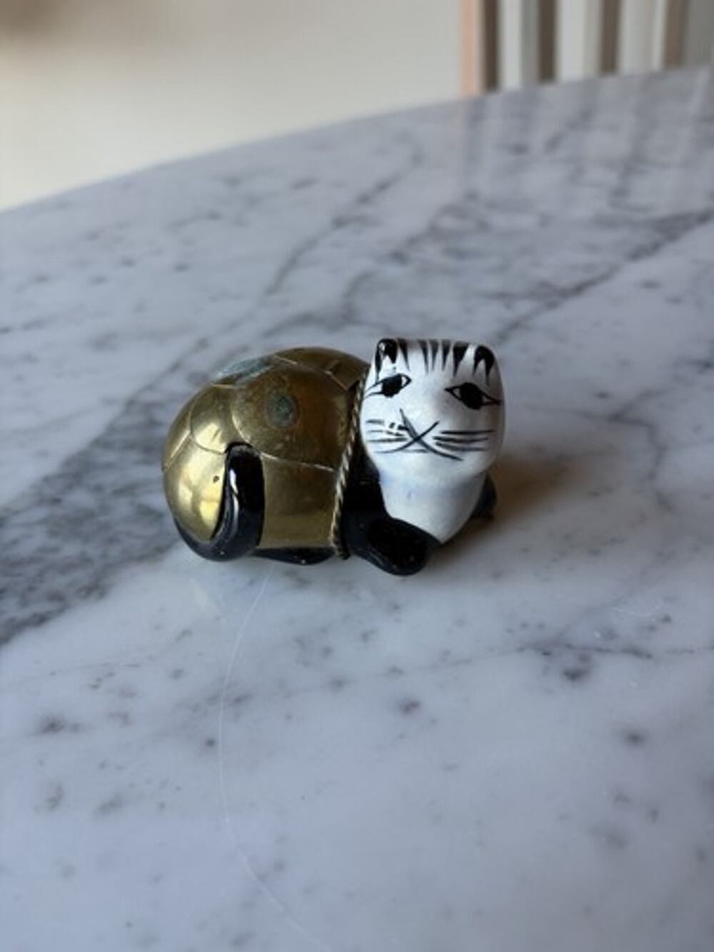 Brass & Porcelain Folk Art Cat Figurine Decorative Collectible Painted Details